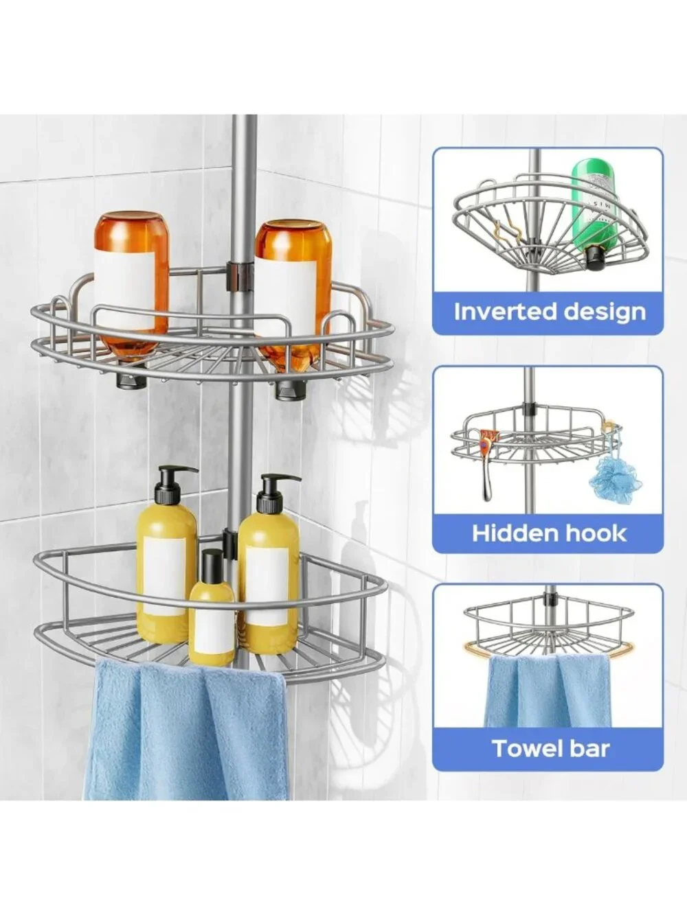 4-Tier Rustproof Shower Caddy Tension Pole - Adjustable No-Drill Bathroom